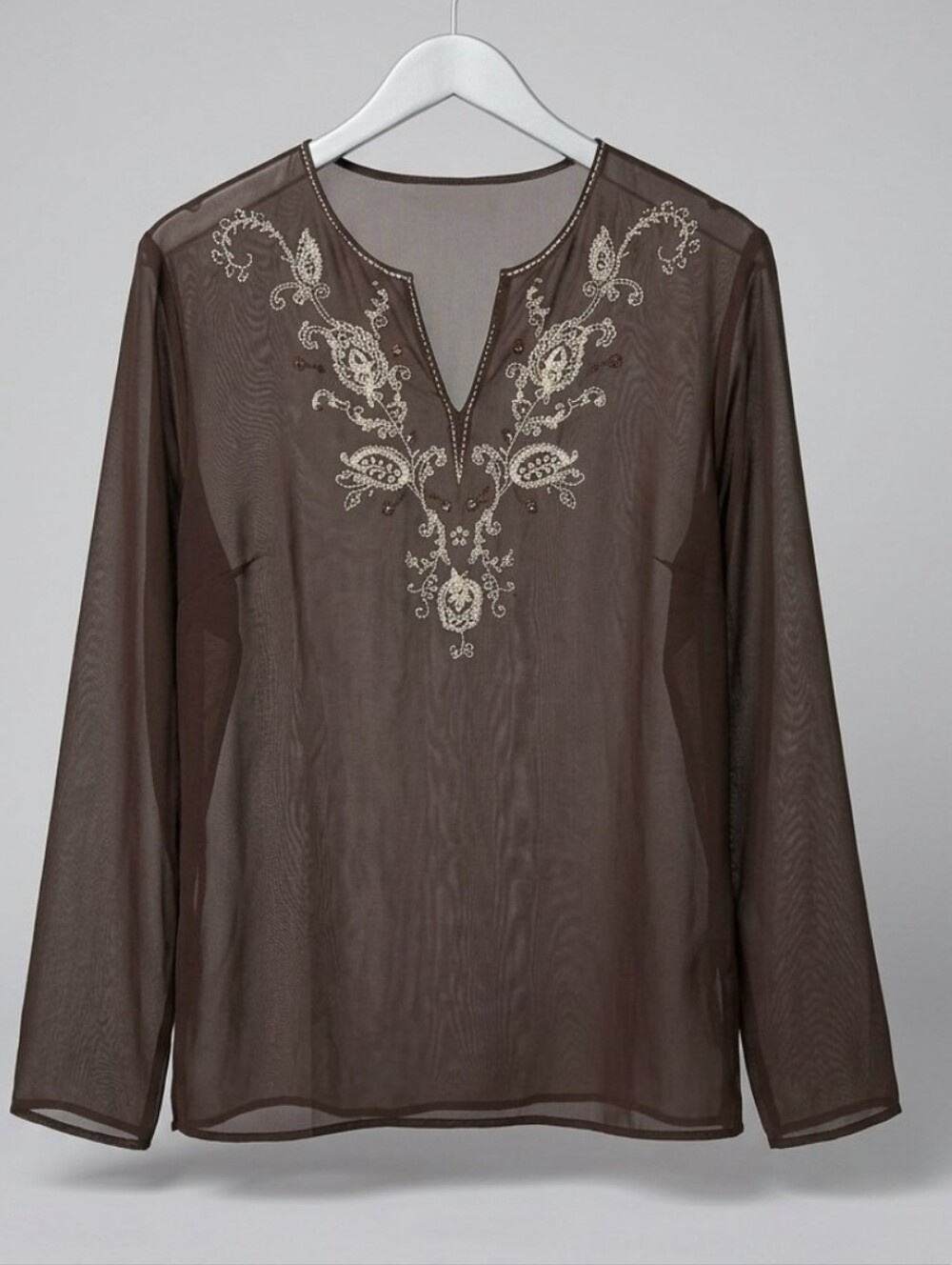 CHADWICKS women's brown tunic see though embroidered material top size 16